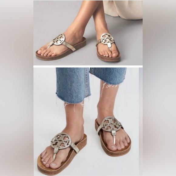 Tory Burch Sandals Gold Miller Cloud Logo Casual Slides - Picture 1 of 11